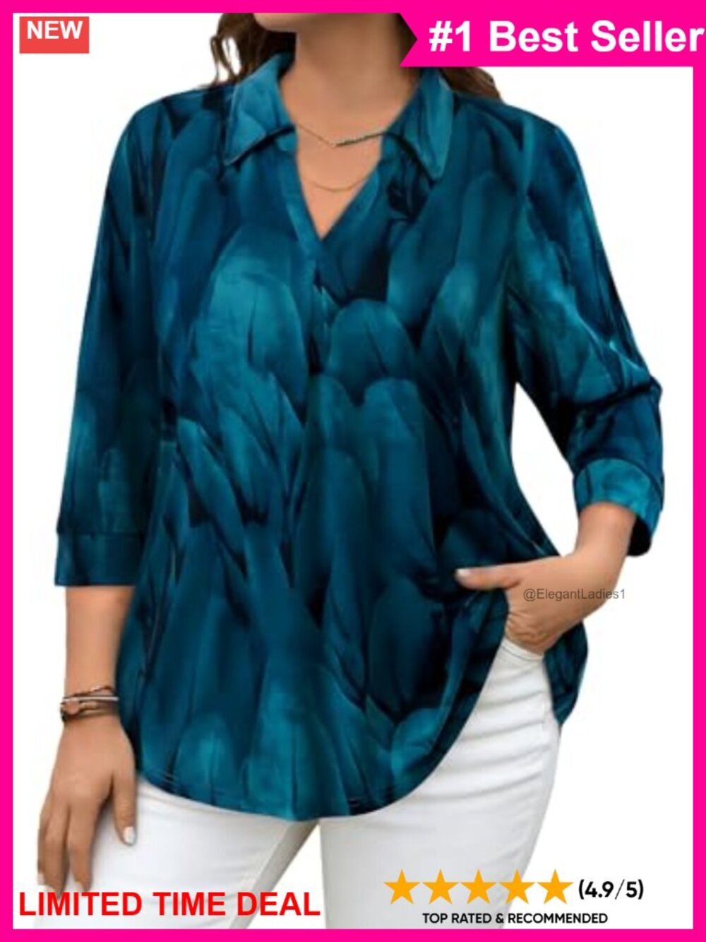 Plus Size V Neck Collared 3/4 Sleeve Blouse Loose Fit Casual Business Tunic